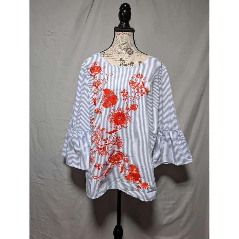 Crown & Ivy Blue Stripe‎ Orange Floral Embroidered Bell Sleeve Top Coastal Large